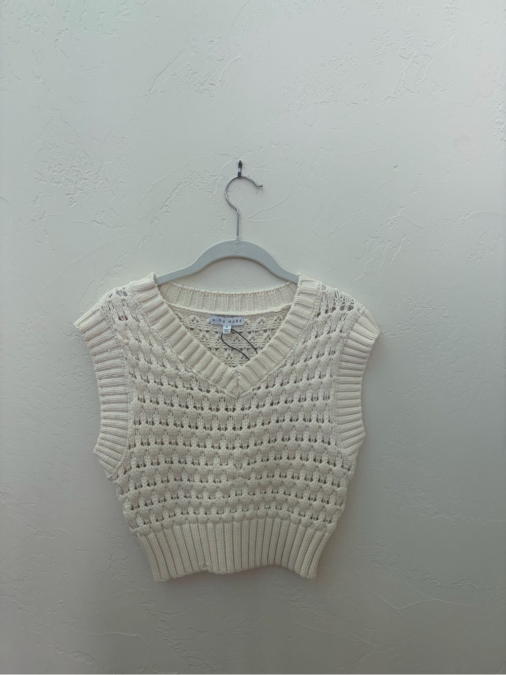 Sleeveless Ivory Crochet Knit V-Neck Sweater Vest